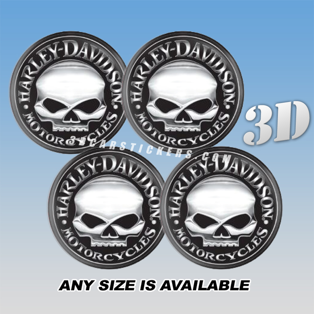 HARLEY-DAVIDSON Decals For Wheel Center Caps — Silver Scull Logo/Black Background