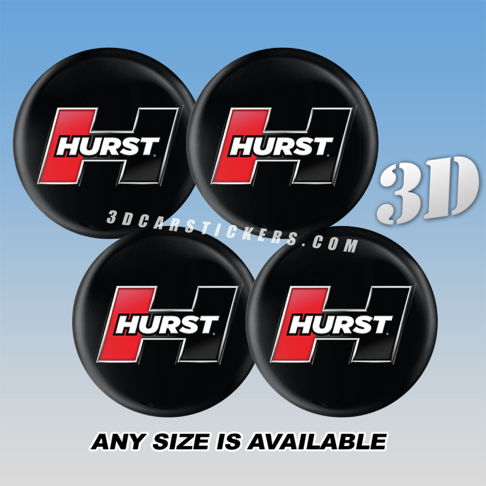 HURST Decals For Wheel Center Caps — White/Red Logo/Black Background