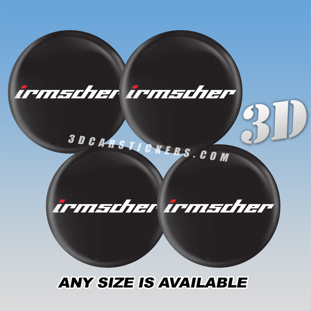 IRMSCHER Decals For Wheel Center Caps — White Logo/Black Background