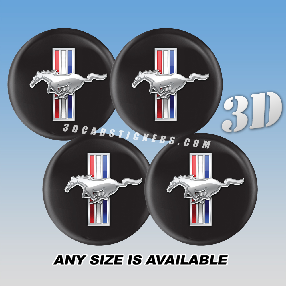 MUSTANG TRIBAR Decals For Wheel Center Caps — Red/White/Blue/Black Background