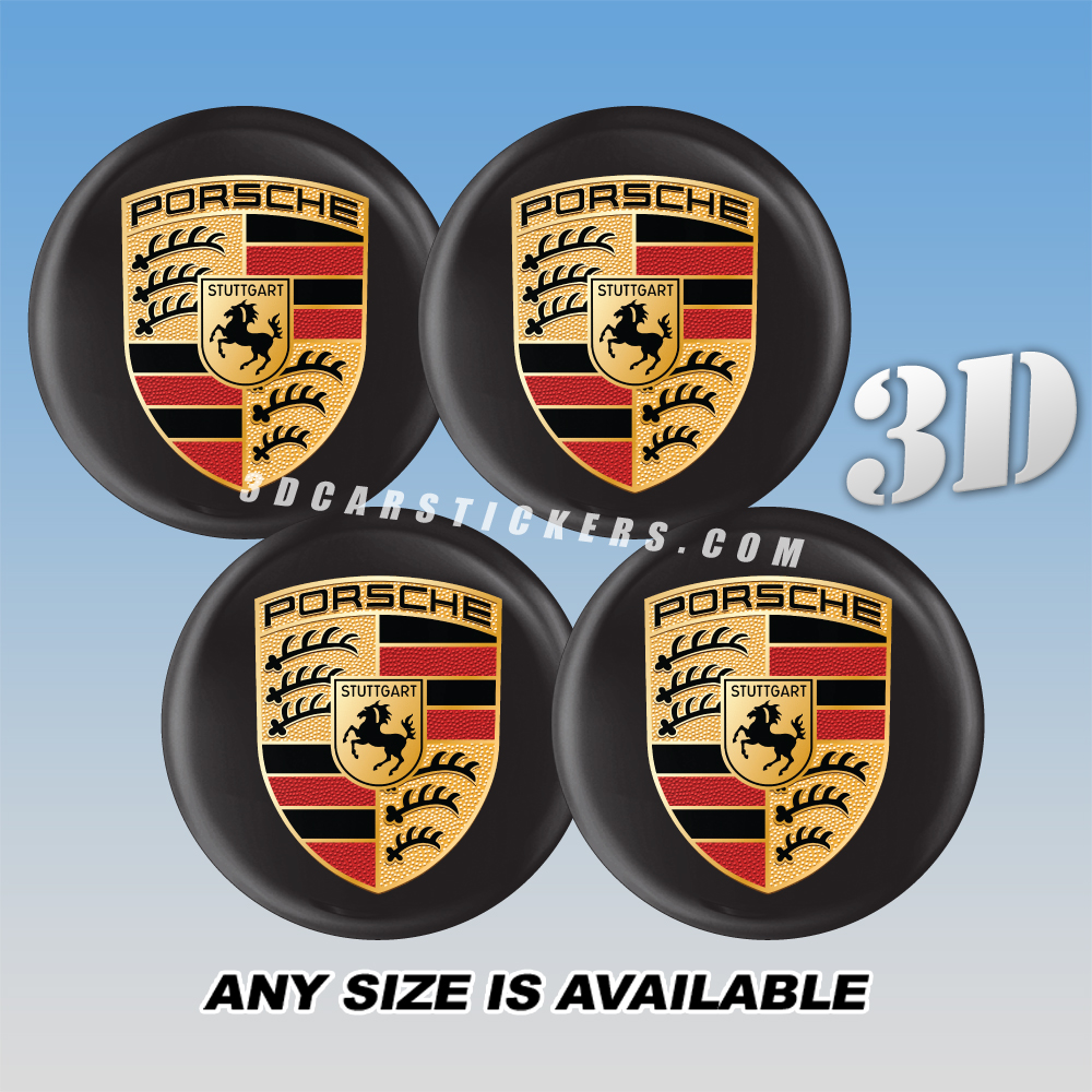 PORSCHE Decals For Wheel Center Caps — Color Logo/Black Background