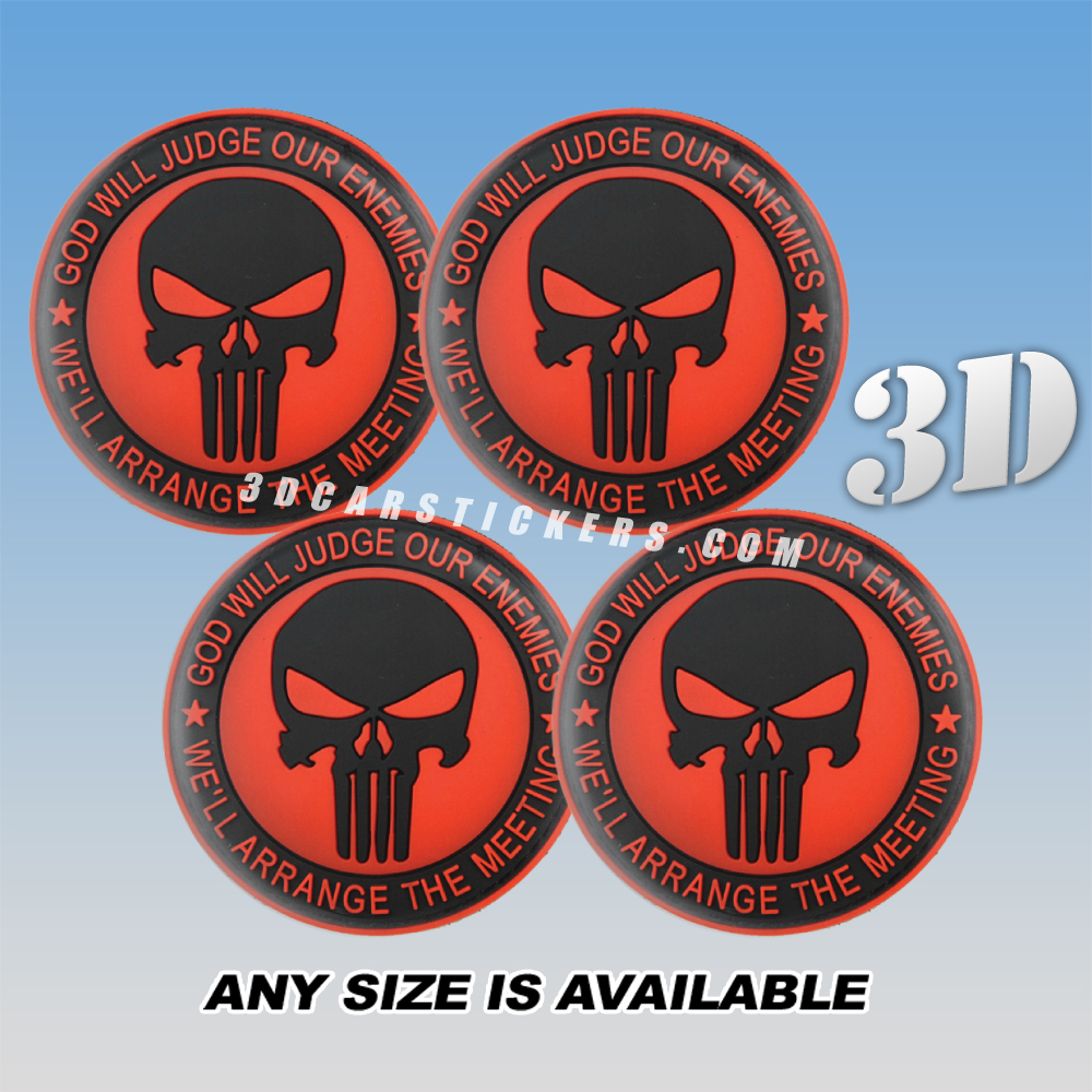 PUNISHER Decals For Wheel Center Caps — Black Logo/Red/Black Background