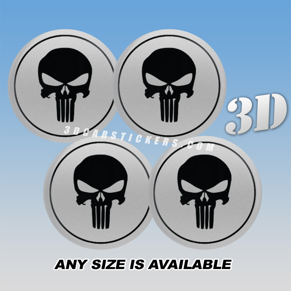 PUNISHER Decals For Wheel Center Caps — Black Logo/Silver Background