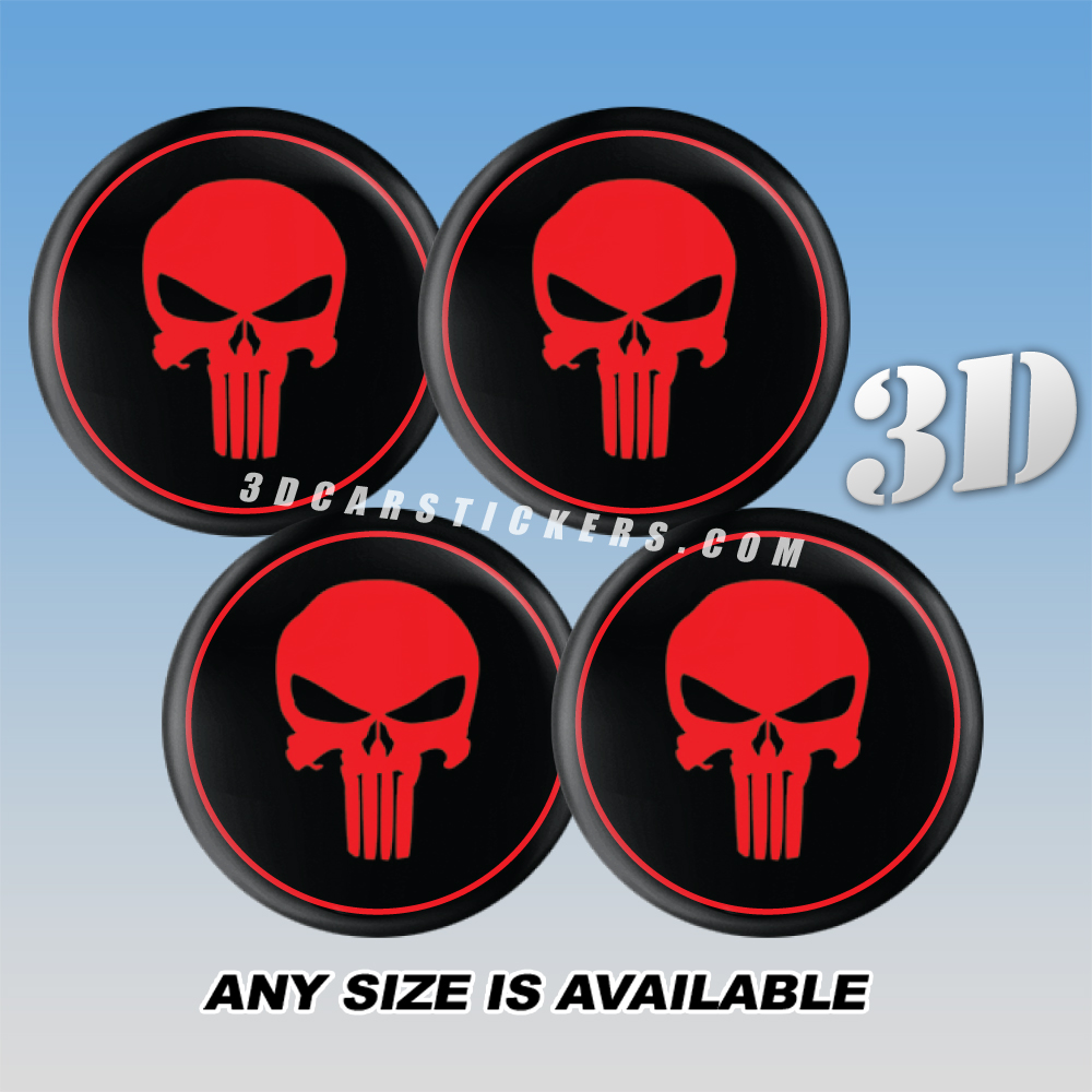 PUNISHER Decals For Wheel Center Caps — Red Logo/Black Background