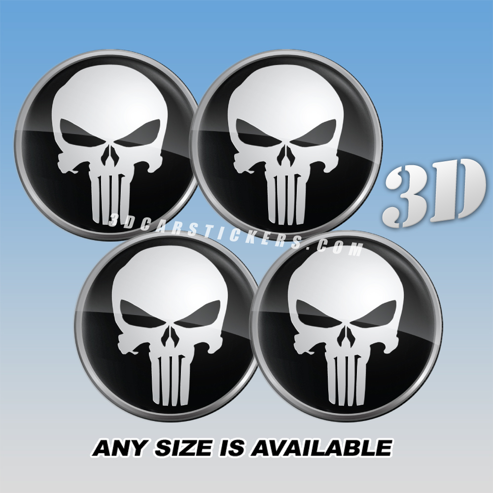 PUNISHER Decals For Wheel Center Caps — Silver Logo/Black Background