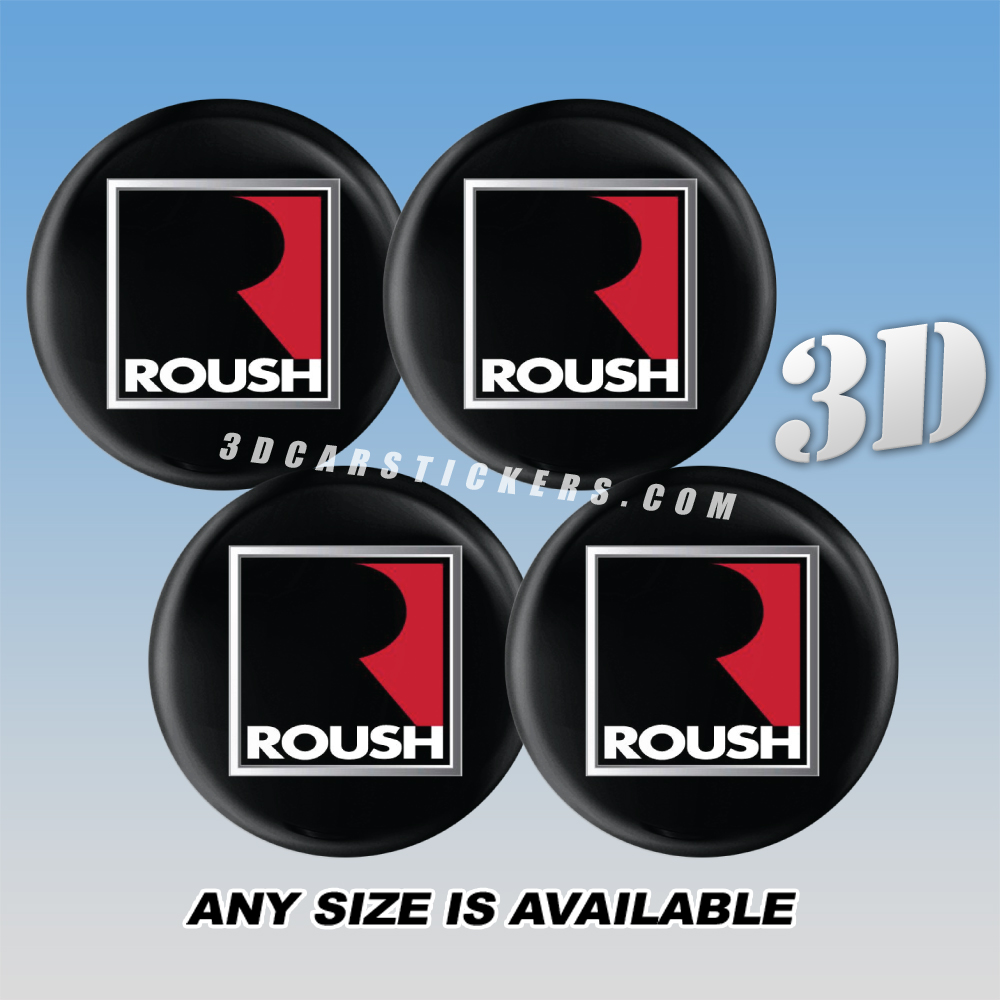 ROUSH Decals For Wheel Center Caps — Red/Silver Logo/Silver Frame/Black Background