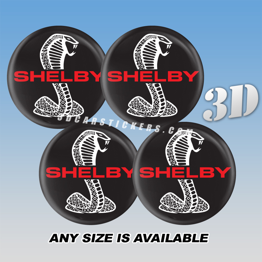 SHELBY COBRA Decals For Wheel Center Caps — Red/Silver Logo/Black Background