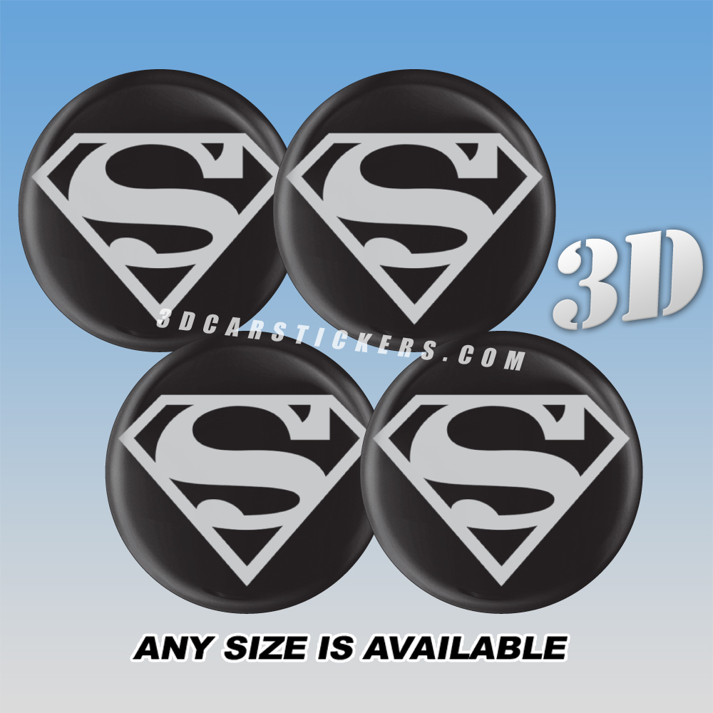 SUPERMAN Domed Decals For Wheel Center Caps — Silver Logo/Black Background