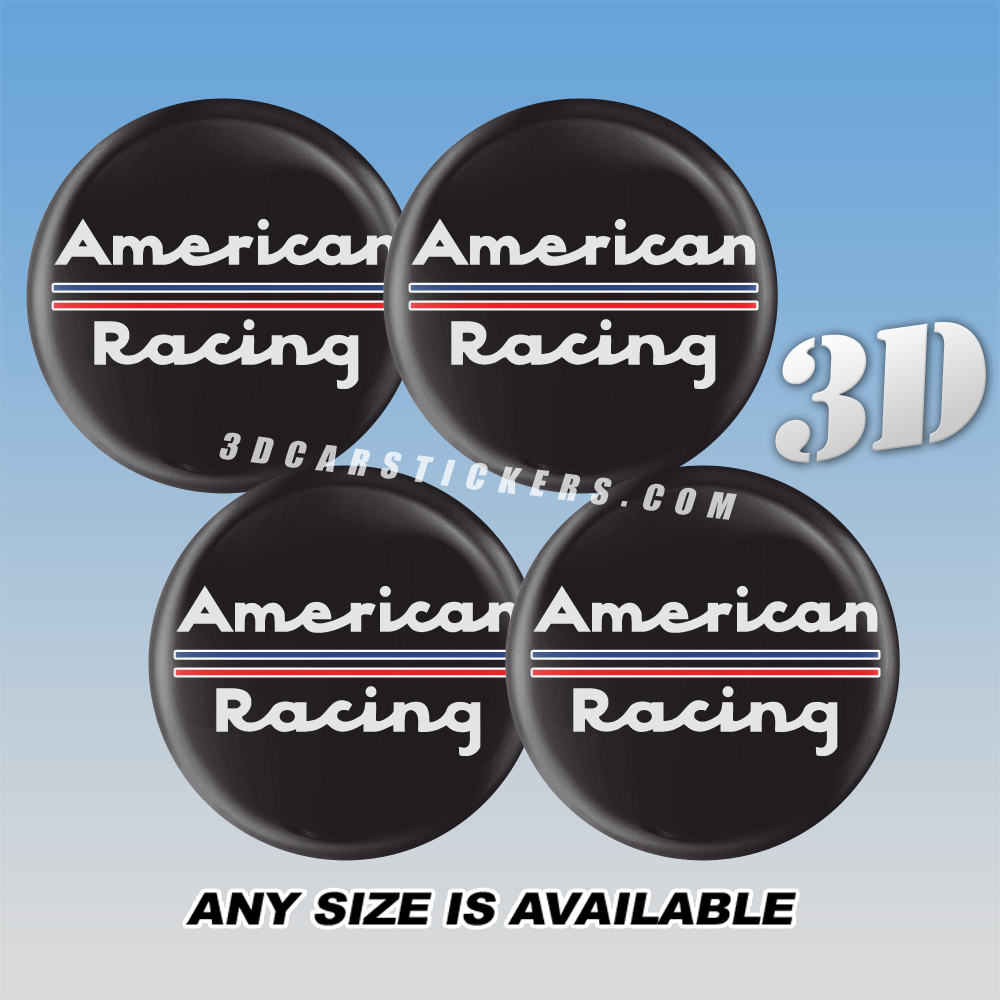 AMERICAN RACING Decals For Wheel Center Caps — White Logo/Red-Blue Lines/Black Background