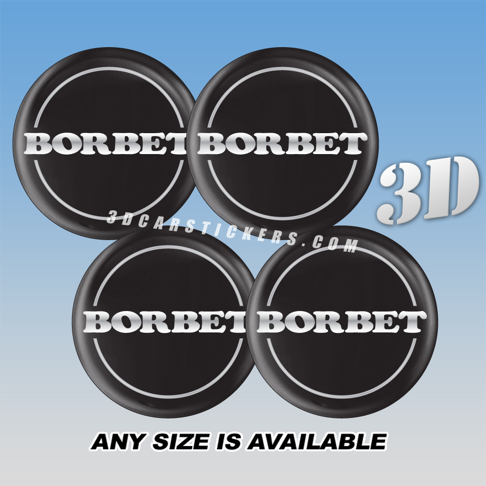 BORBET Domed Decals For Wheel Center Caps — Silver Logo/Silver Otline/Black Background