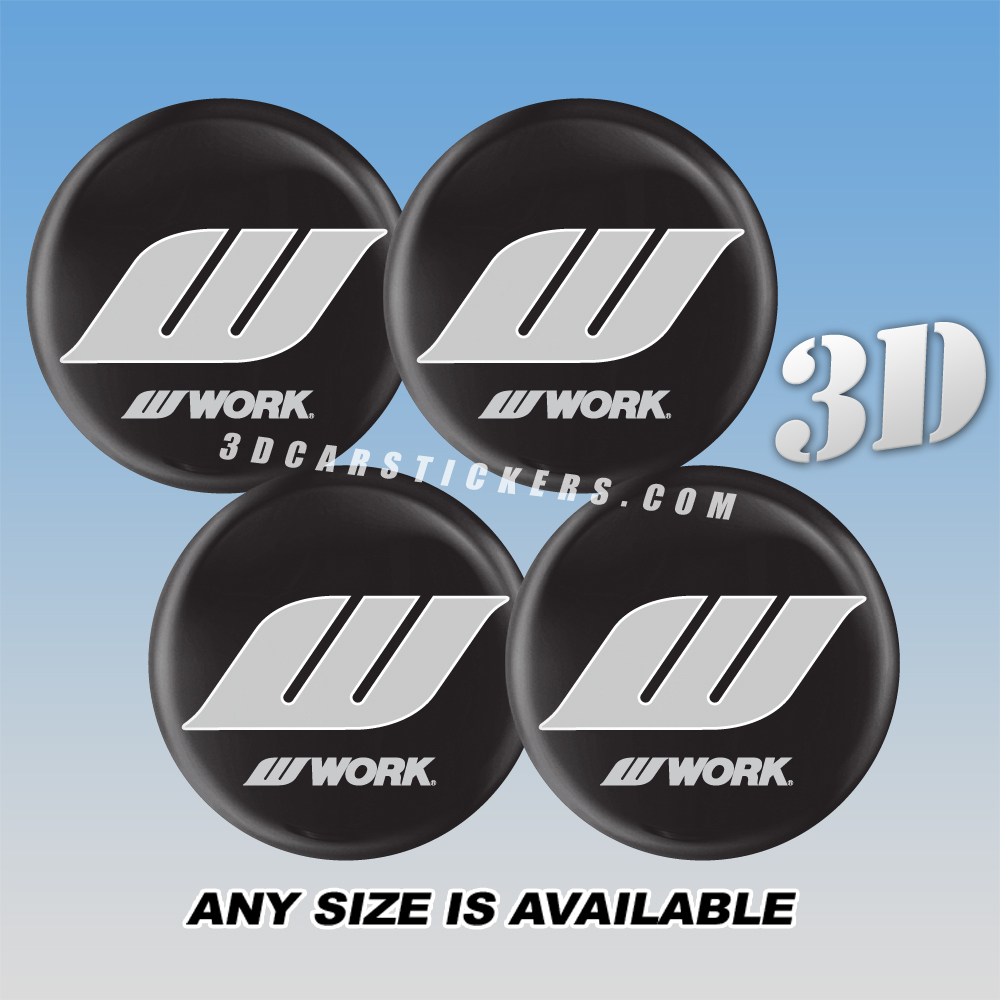 WORK WHEELS Domed Decals For Wheel Center Caps — Silver Big Logo/Black Background