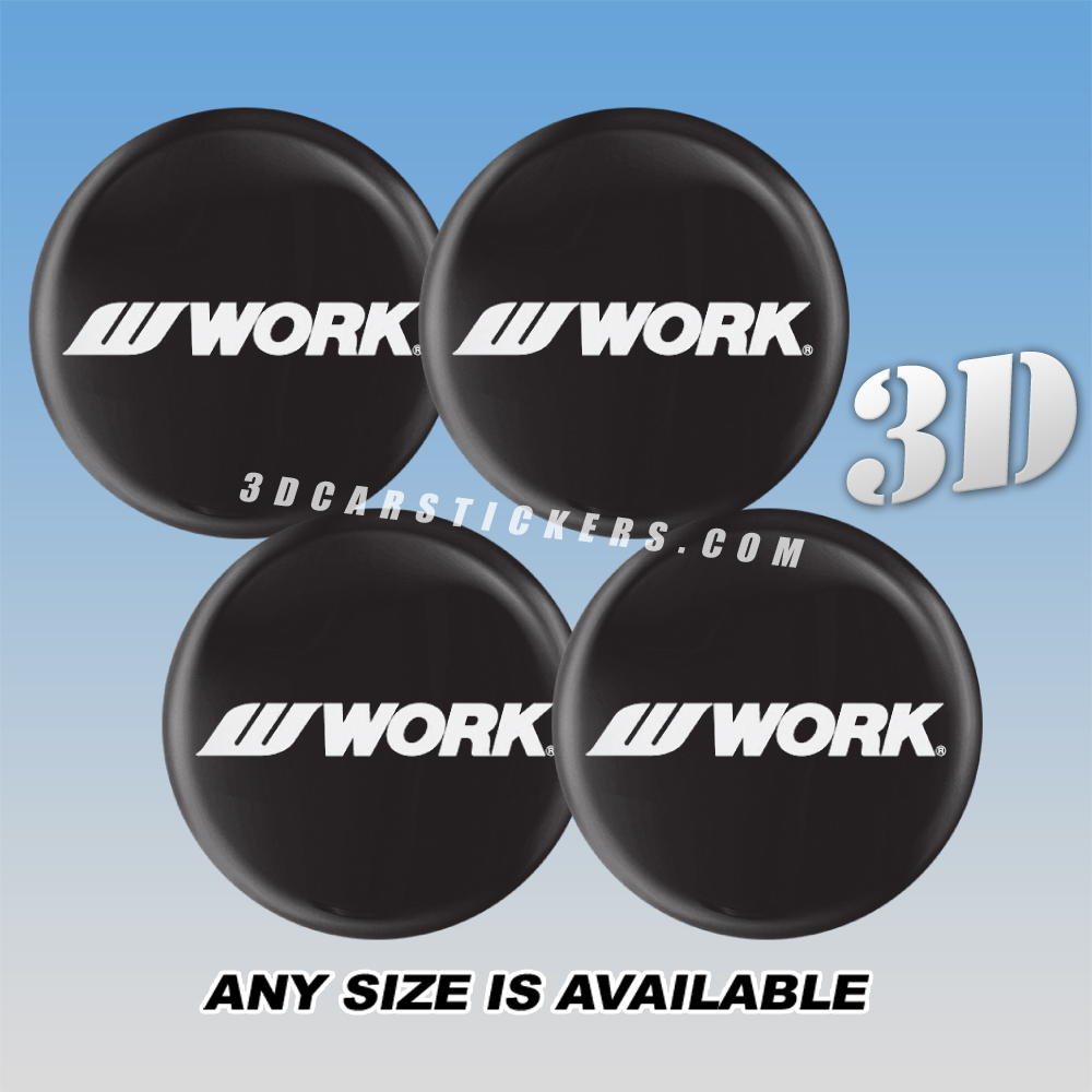 WORK WHEELS Domed Decals For Wheel Center Caps — White Logo Writing/Black Background