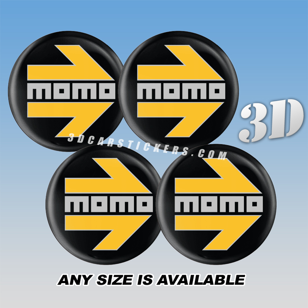 MOMO Decals For Wheel Center Caps — Silver /Yellow Logo/Black Background